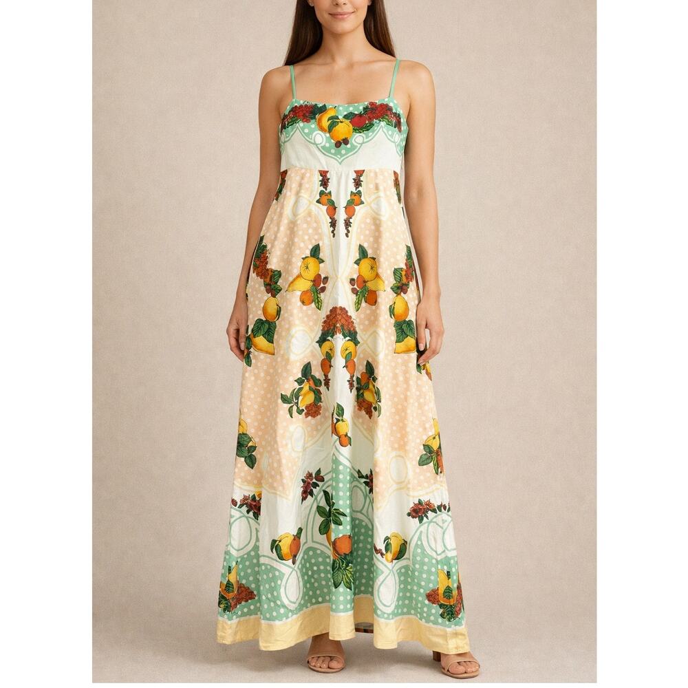 Caroline Constas Fruit Print Linen Blend Maxi Dress Pockets Size S